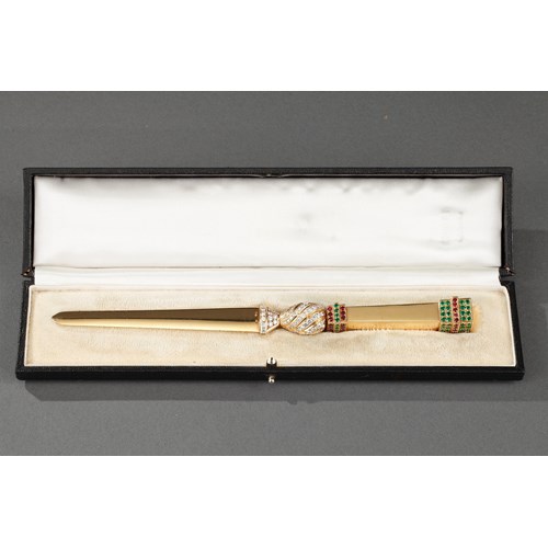 20th century Gold paper knife with diamond, emerald and rubis.